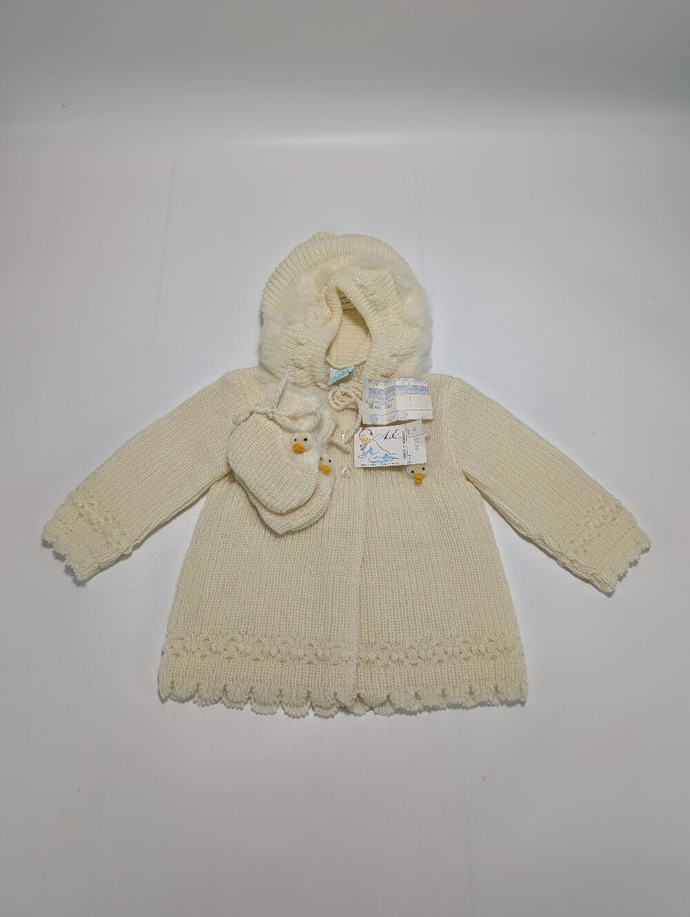 Vintage All-Mine Cream-Colored Knit Hooded Baby Coat & Booties with Duck Accents